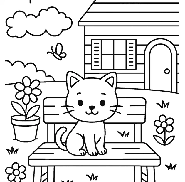 Kolorowanka kotek na ławeczce – kotek siedzi przed domem, obok kwiaty i motylki, grube kontury, brak wypełnień.