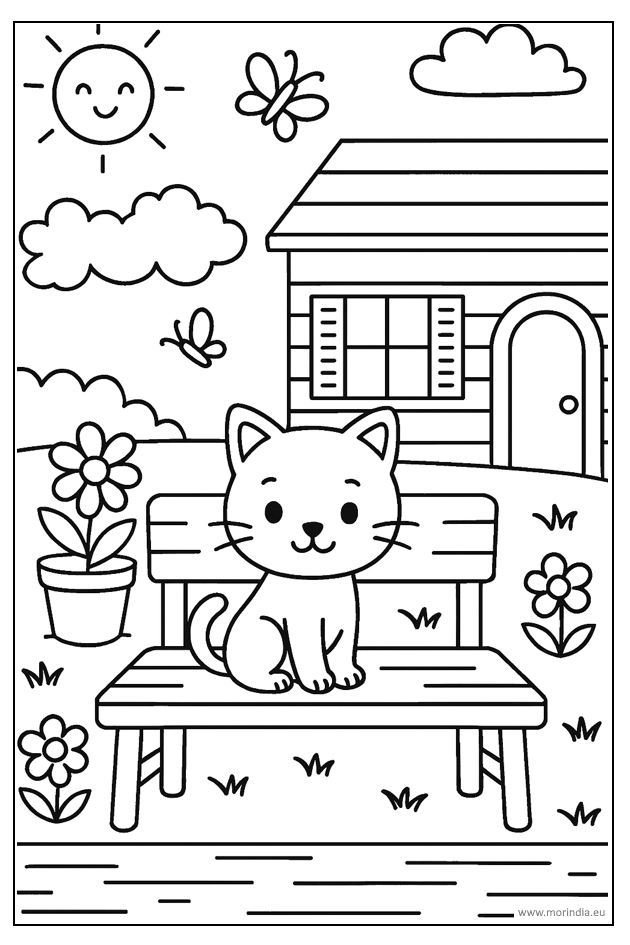 Kolorowanka kotek na ławeczce – kotek siedzi przed domem, obok kwiaty i motylki, grube kontury, brak wypełnień.