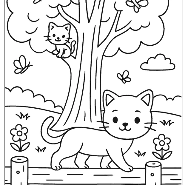 Kolorowanka kotek na płocie – kotek spaceruje obok drzewa, grube kontury, brak wypełnień.