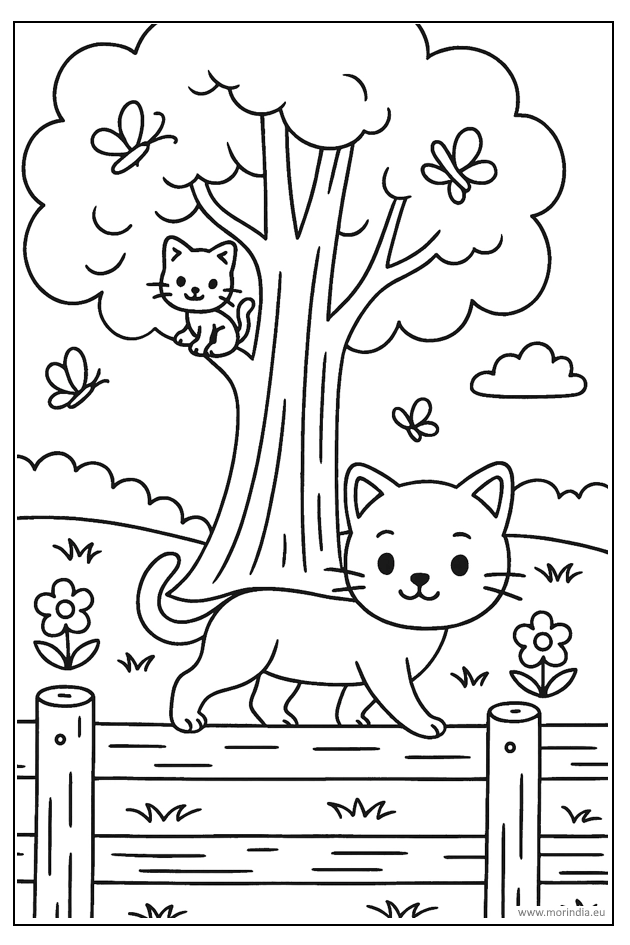 Kolorowanka kotek na płocie – kotek spaceruje obok drzewa, grube kontury, brak wypełnień.
