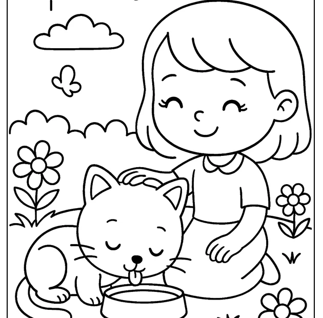 Kolorowanka kotek pijący mleczko – kotek przy miseczce, obok dziewczynka, ogród, motylki, grube kontury.