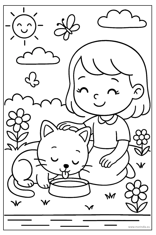 Kolorowanka kotek pijący mleczko – kotek przy miseczce, obok dziewczynka, ogród i motylki, grube kontury, brak wypełnień.