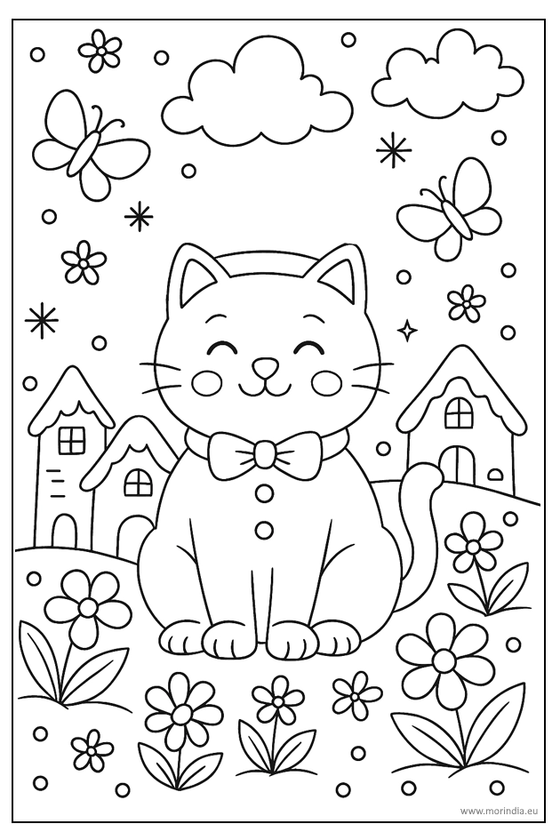 Kolorowanka kotek do druku – kotek w ogrodzie z motylkami i kwiatami, grube kontury, brak wypełnień.