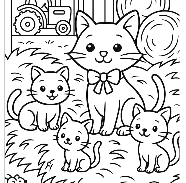 Kolorowanka kotki w stodole – rodzina kotków na sianie, traktor w tle, grube kontury, brak wypełnień.