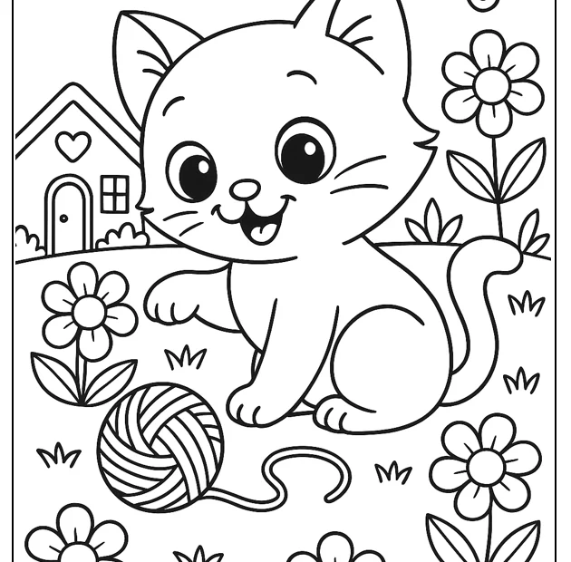 Kolorowanka rodzina kotków na pikniku – mama kotka i dwa kociaki na kocu, koszyk, balonik, motylki, grube kontury.