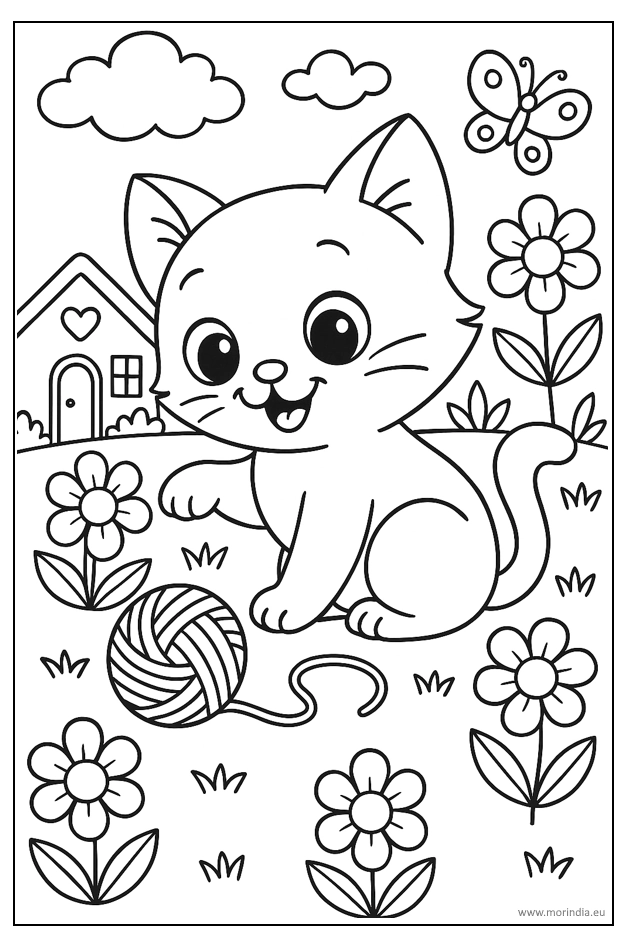 Kolorowanka rodzina kotków na pikniku – mama kotka i dwa kociaki na kocu, koszyk, balonik, motylki, grube kontury.