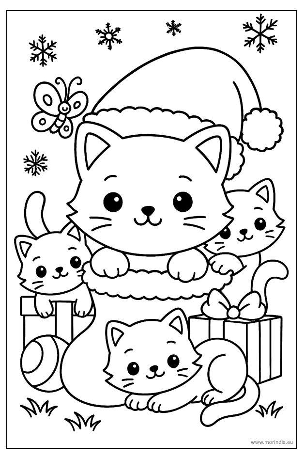 Kolorowanki koty do druku – kotki w scenerii mikołajkowej z prezentami i czapkami.