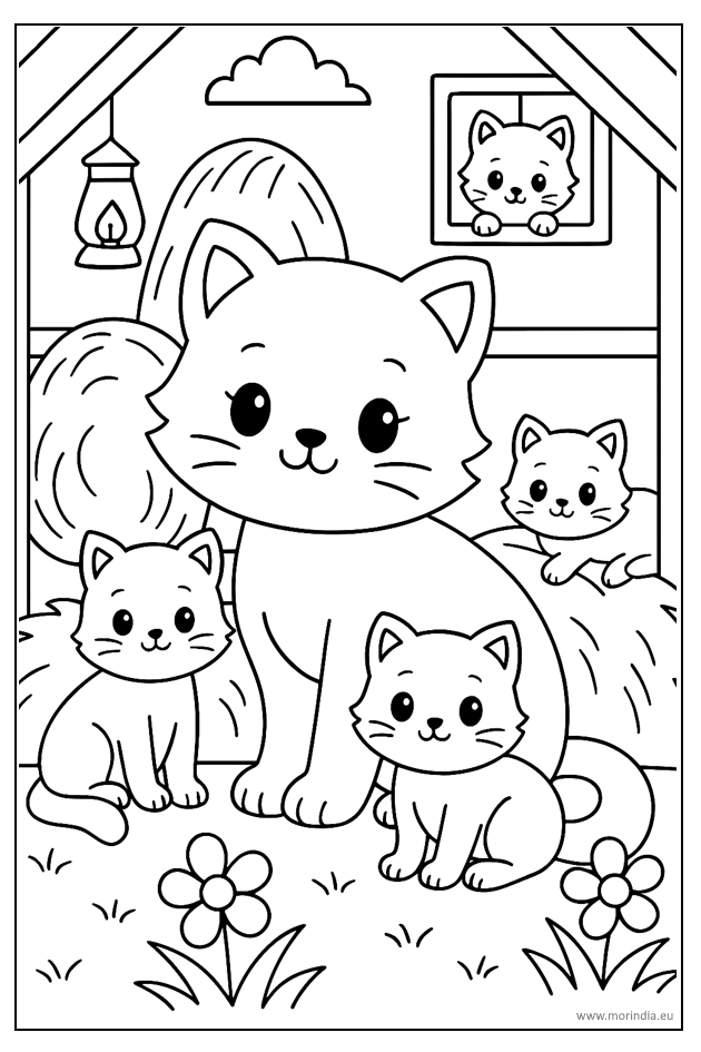 Kolorowanki koty do druku – rodzina kotów w stodole z sianem i motylkami.