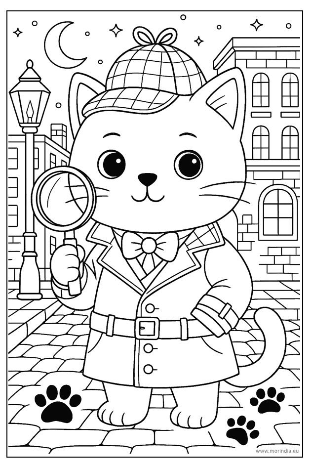 Kolorowanka Detektyw Kot w akcji – obrazek do druku dla dzieci