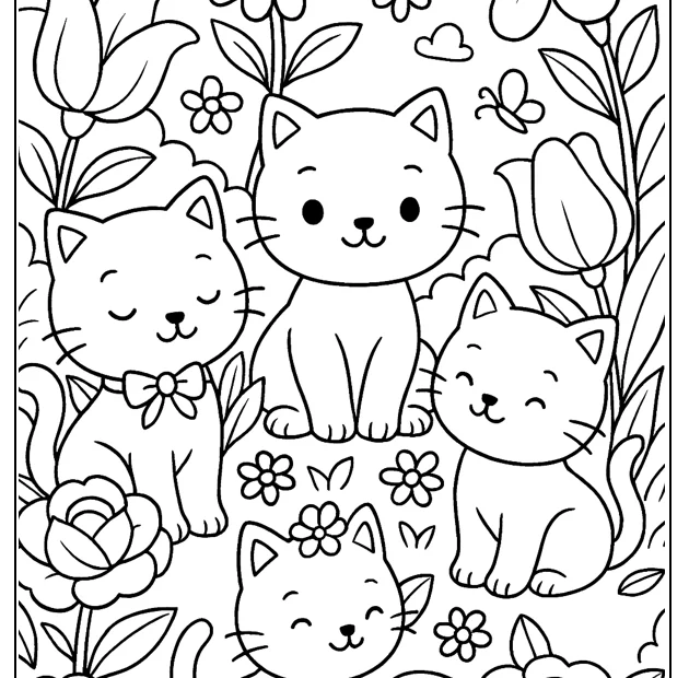 Kolorowanka kocięta w ogródku magicznych kwiatów – obrazek do druku dla dzieci