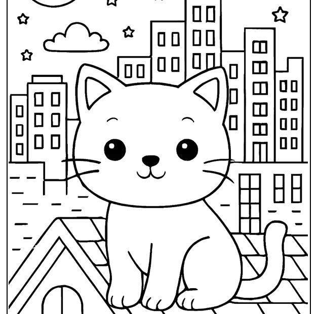 Kolorowanka kot w wielkim mieście nocą – obrazek do druku dla dzieci