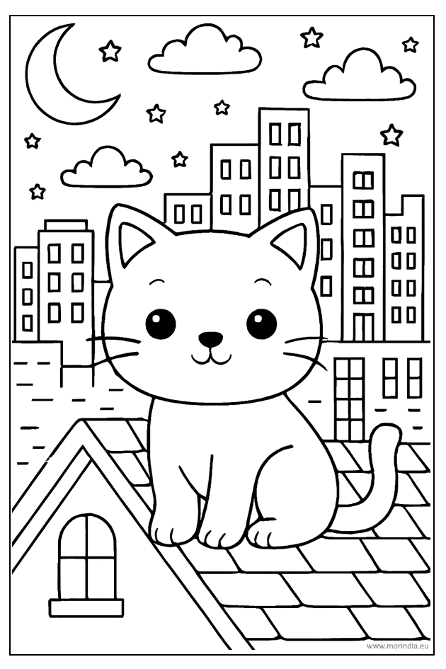 Kolorowanka kot w wielkim mieście nocą – obrazek do druku dla dzieci