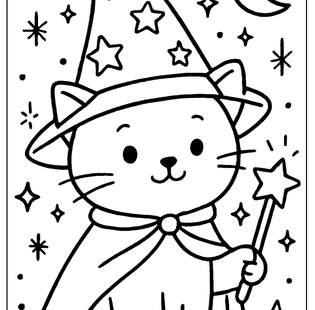 Kolorowanka kotek czarodziej z kapeluszem i różdżką – obrazek do druku dla dzieci
