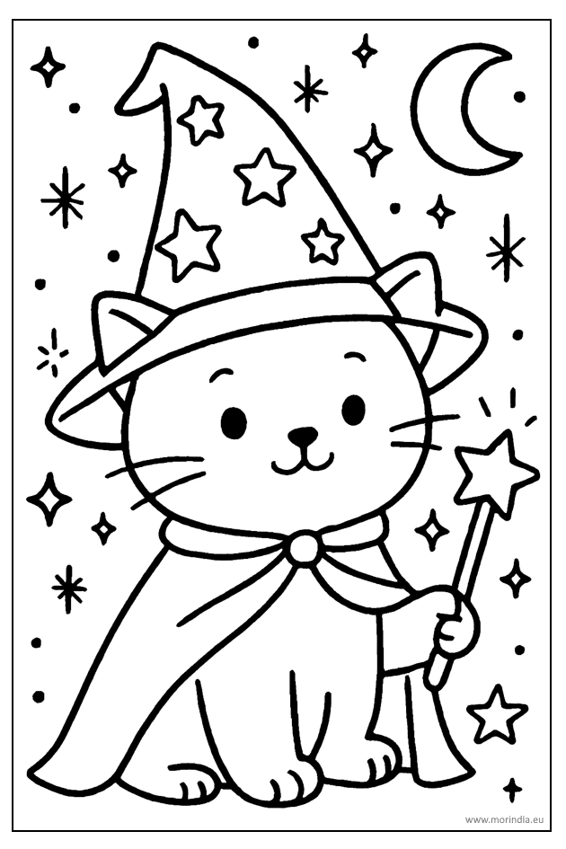 Kolorowanka kotek czarodziej z kapeluszem i różdżką – obrazek do druku dla dzieci