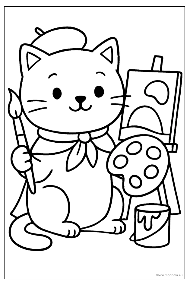 Kolorowanka kotek malarz z pędzlem i paletą – obrazek do druku dla dzieci