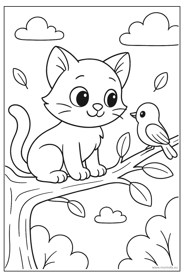 Kolorowanka kotek na drzewie z ptaszkiem – obrazek do druku dla dzieci