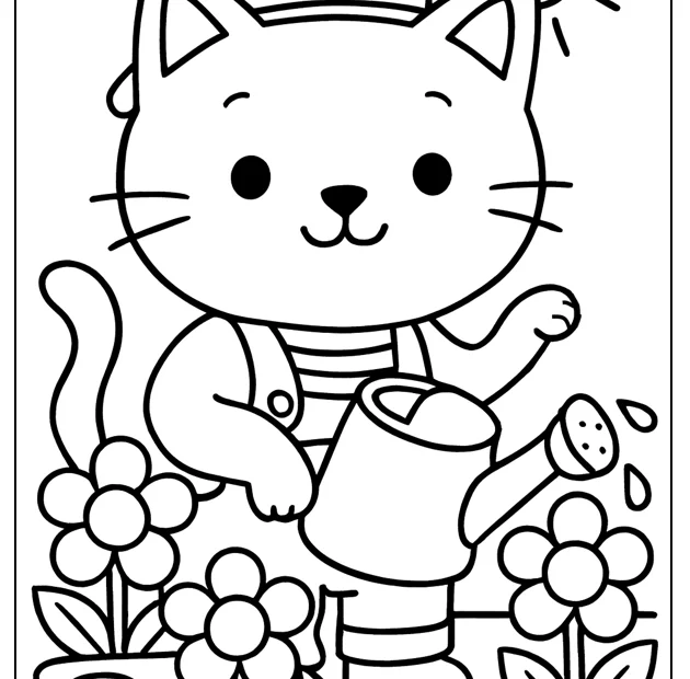 Kolorowanka kotek ogrodnik podlewający kwiaty – obrazek do druku dla dzieci