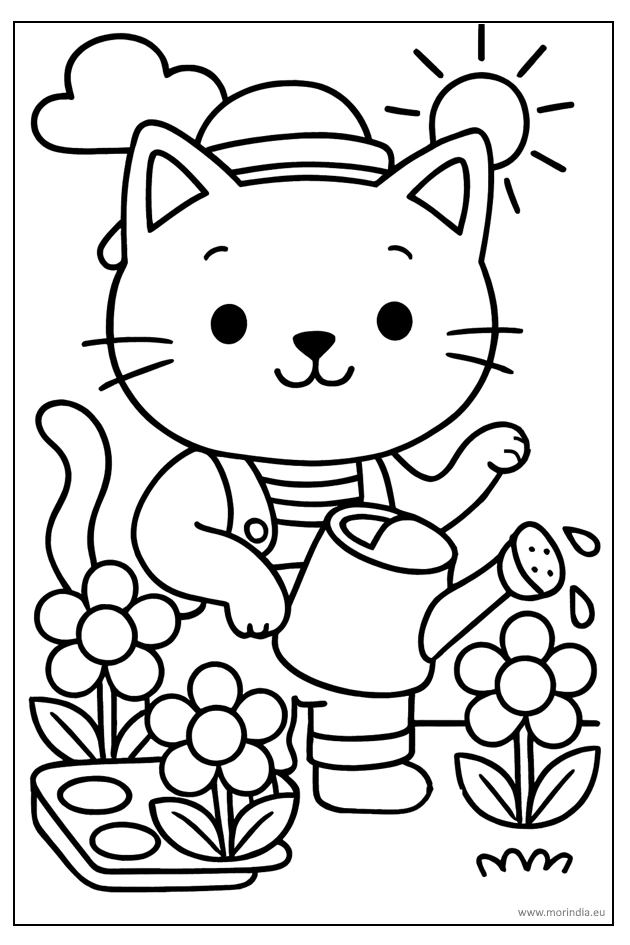 Kolorowanka kotek ogrodnik podlewający kwiaty – obrazek do druku dla dzieci