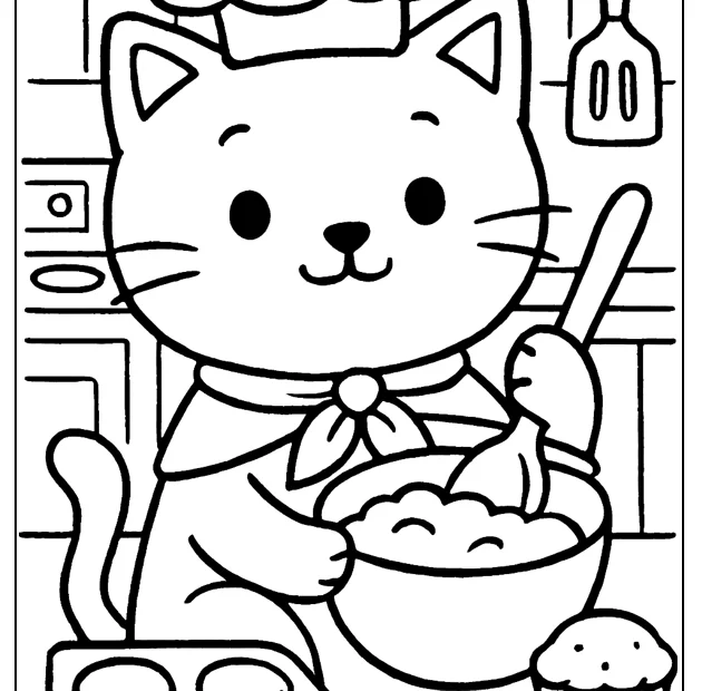 Kolorowanka kotek piekący babeczki w kuchni – obrazek do druku dla dzieci