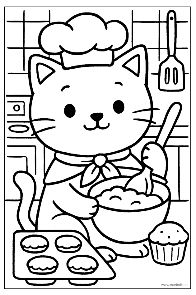 Kolorowanka kotek piekący babeczki w kuchni – obrazek do druku dla dzieci