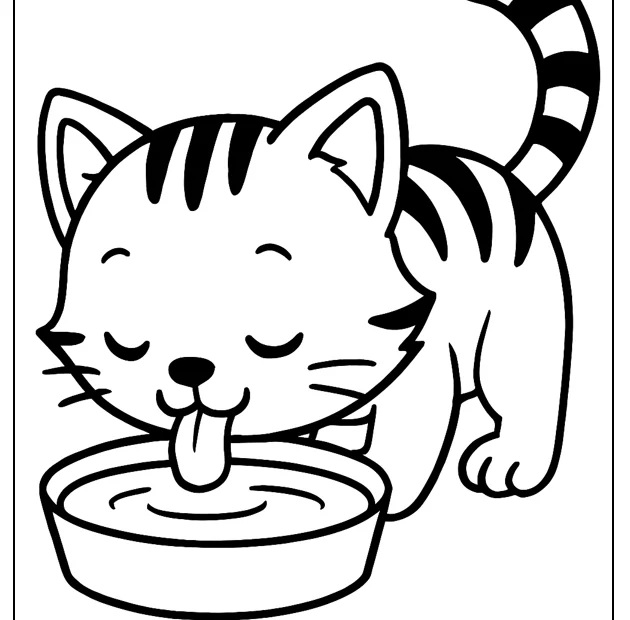 Kolorowanka kotek pijący mleczko z miseczki – obrazek do druku dla dzieci