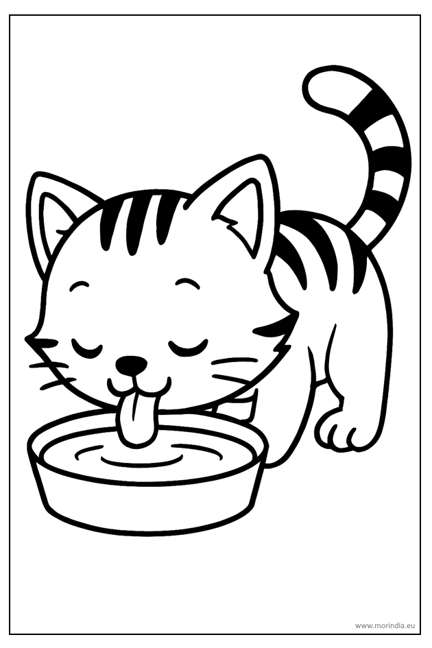 Kolorowanka kotek pijący mleczko z miseczki – obrazek do druku dla dzieci