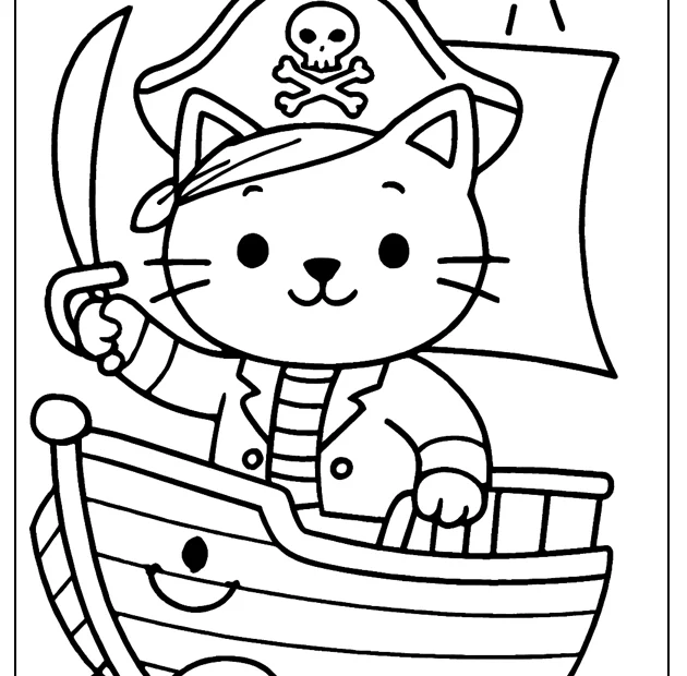Kolorowanka kotek pirat na statku z mieczem – obrazek do druku dla dzieci