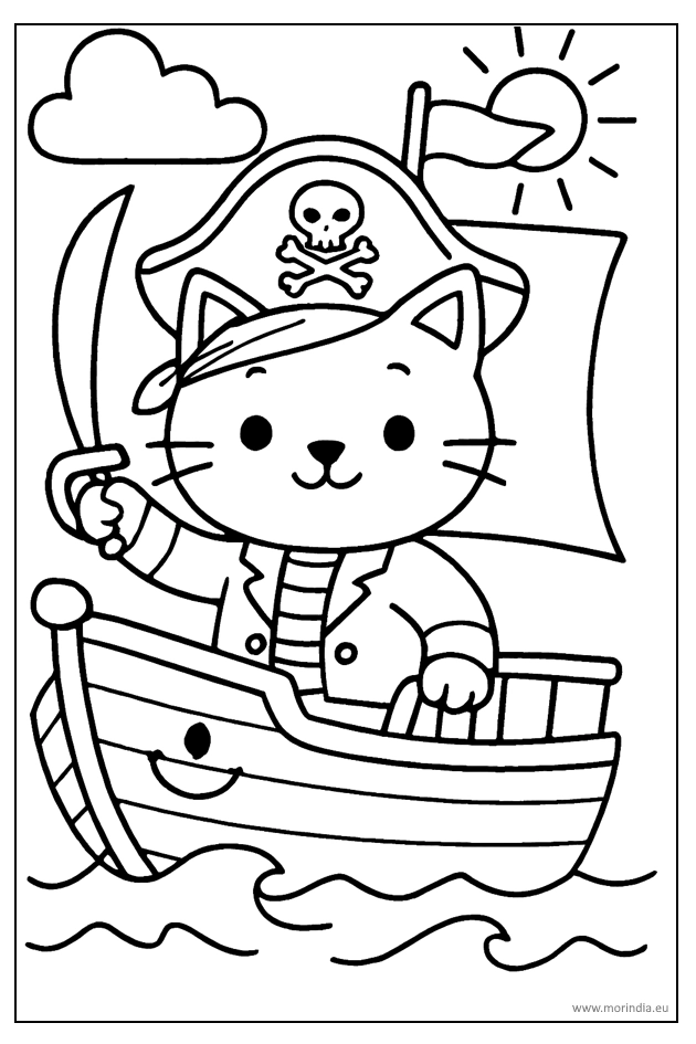 Kolorowanka kotek pirat na statku z mieczem – obrazek do druku dla dzieci