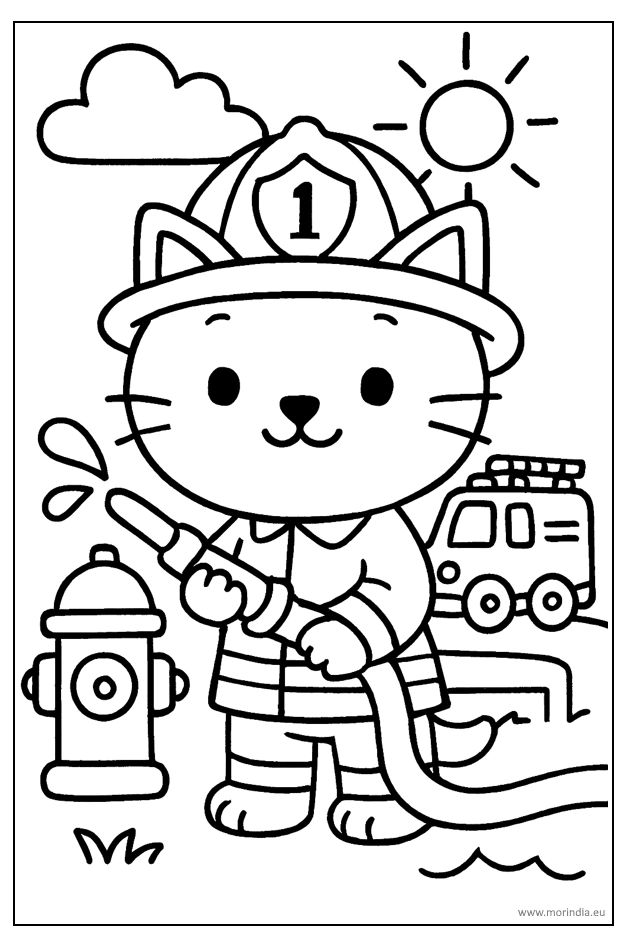 Kolorowanka kotek strażak z hełmem i wężem – obrazek do druku dla dzieci