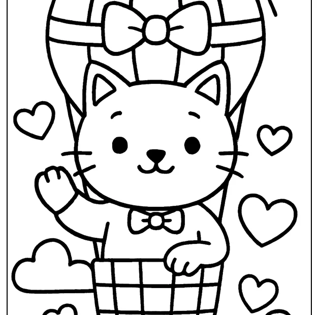 Kolorowanka kotek lecący balonem – obrazek do druku dla dzieci