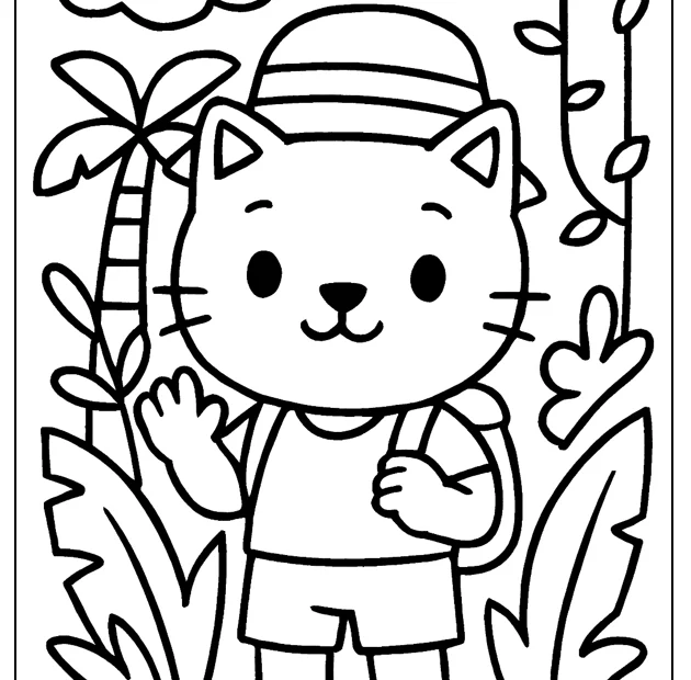 Kolorowanka kotek podróżnik w dżungli – obrazek do druku dla dzieci