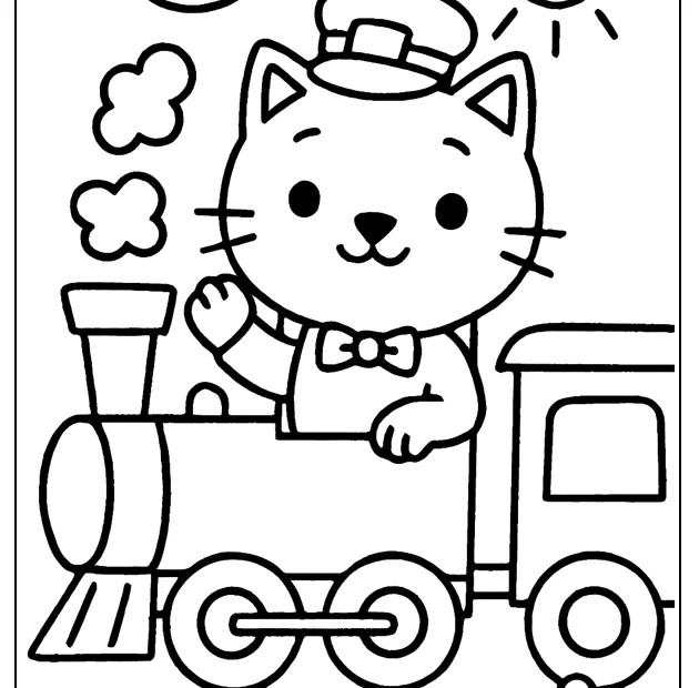 Kolorowanka kotek w pociągu – obrazek do druku dla dzieci