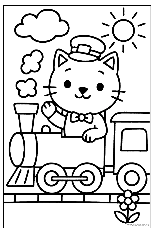 Kolorowanka kotek w pociągu – obrazek do druku dla dzieci