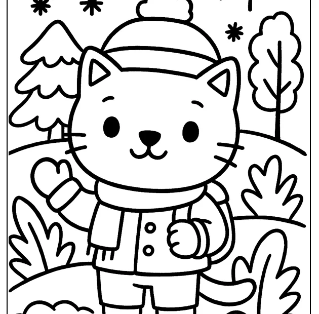 Kolorowanka kotek w zimie – obrazek do druku dla dzieci