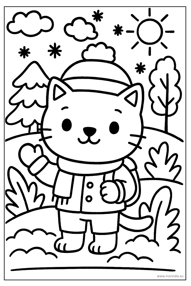 Kolorowanka kotek w zimie – obrazek do druku dla dzieci