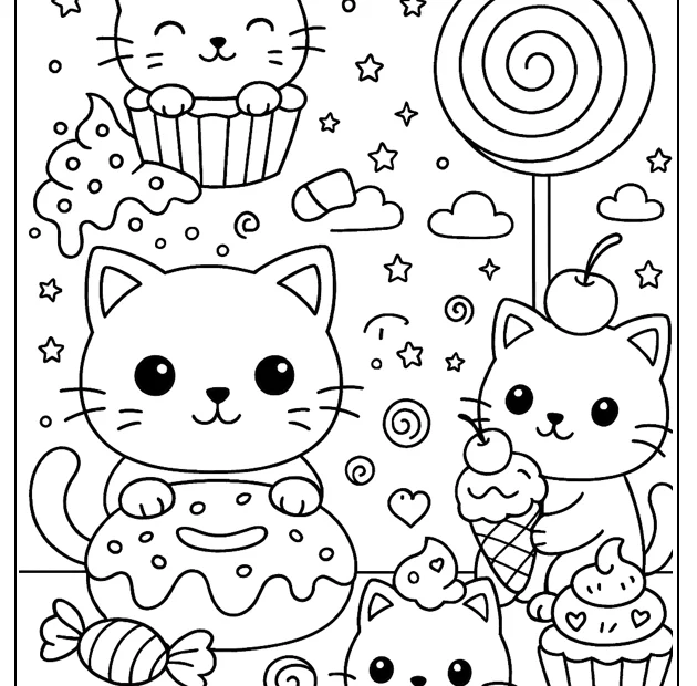 Kolorowanka Koty w krainie słodyczy – obrazek do druku dla dzieci