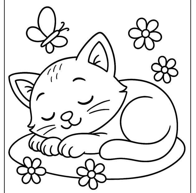Kolorowanka śpiący kotek na poduszce – obrazek do druku dla dzieci