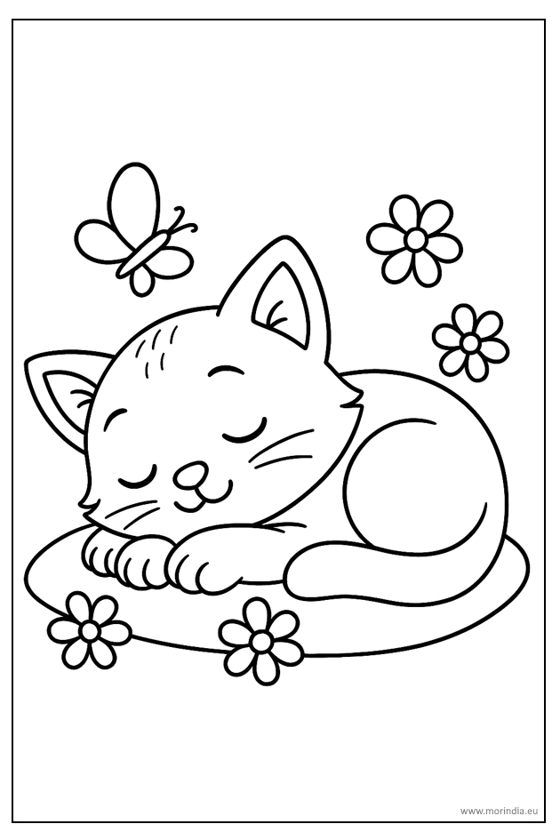 Kolorowanka śpiący kotek na poduszce – obrazek do druku dla dzieci