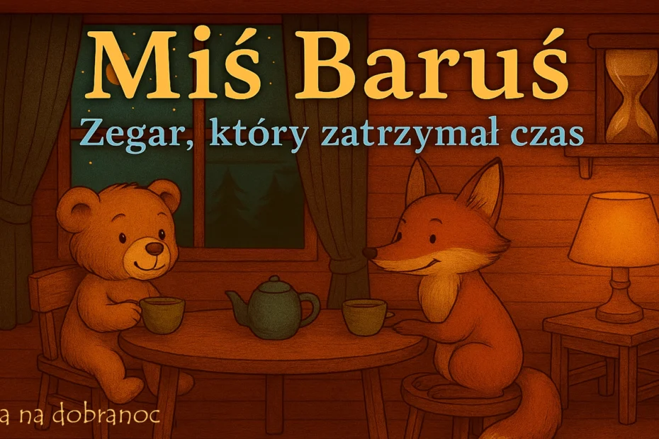 Przygody Misia Barusia - Miś Baruś i Zegar który zatrzymał czas - bajka na dobranoc do słuchania- obrazek wyrózniający przedstawiajacy Miisa Barusia i Liska Staśka którzy siedża przy stoliku i popijają herbatkę