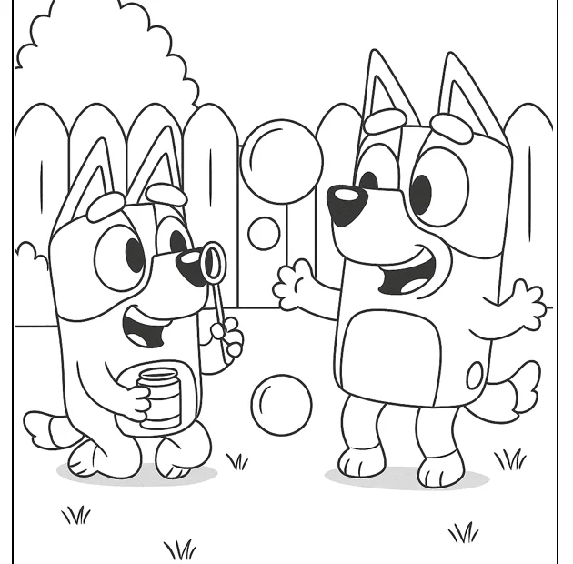 kolorowanka Bluey i Bingo robią bańki mydlane do druku