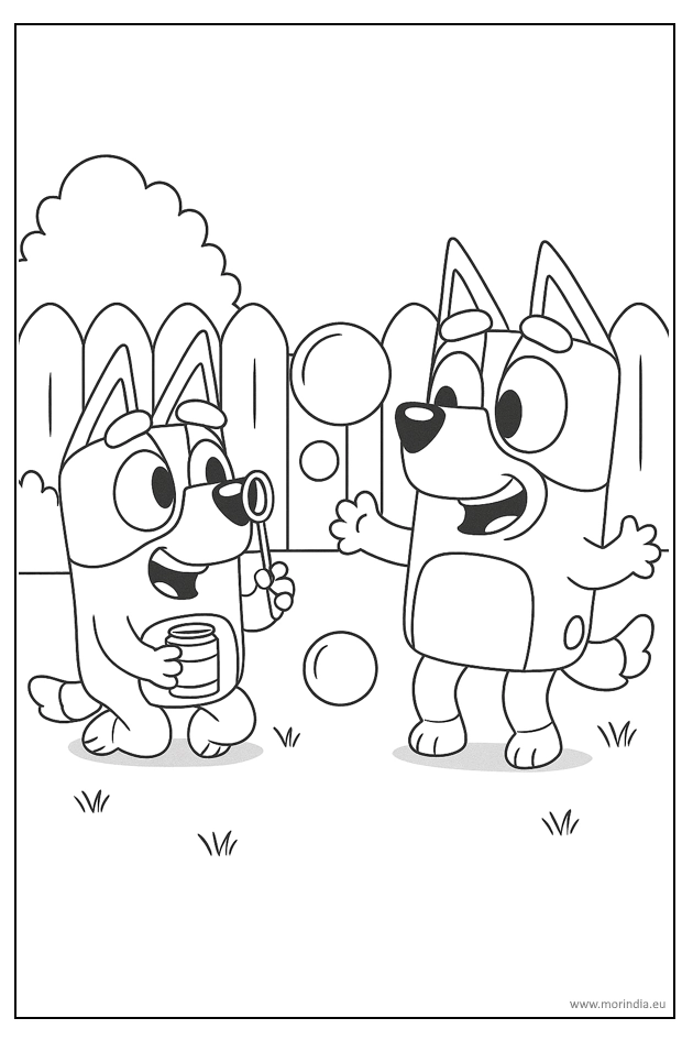 kolorowanka Bluey i Bingo robią bańki mydlane do druku