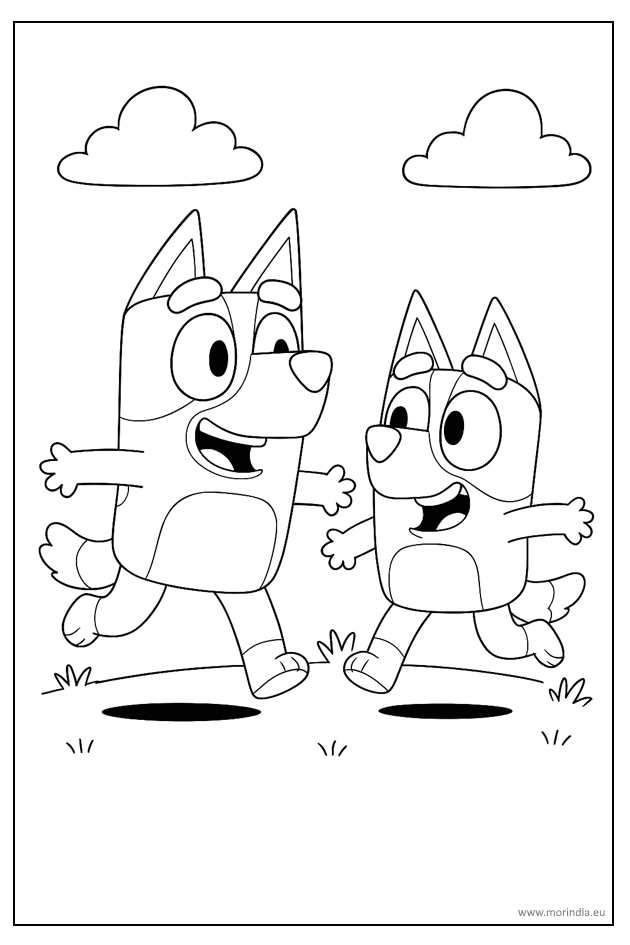 Kolorowanka Bluey i Bingo – zabawa w berka, obrazek do druku dla dzieci