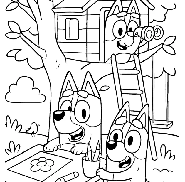 kolorowanka Bluey i Bingo w domku na drzewie do druku