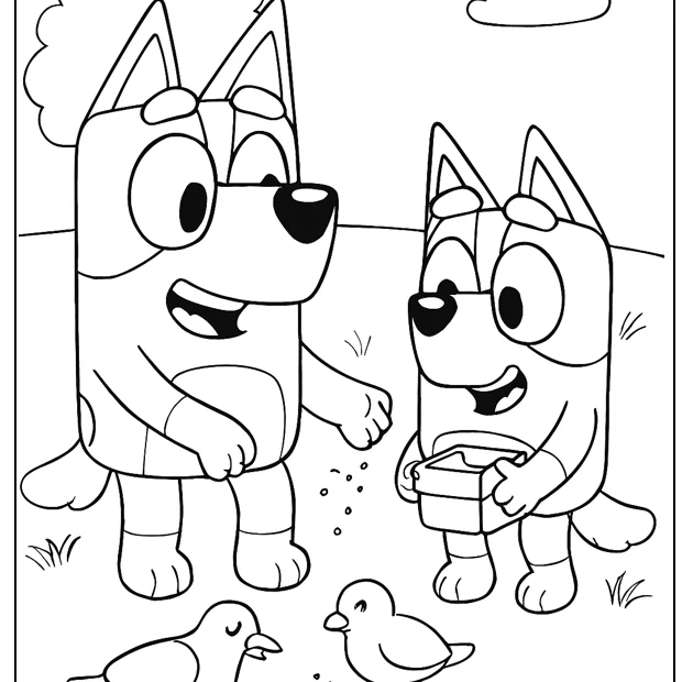kolorowanka Bluey i Bingo karmią ptaszki w parku do druku