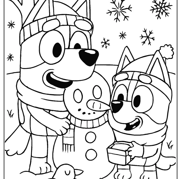 kolorowanka Bluey i Bingo lepią bałwana do druku