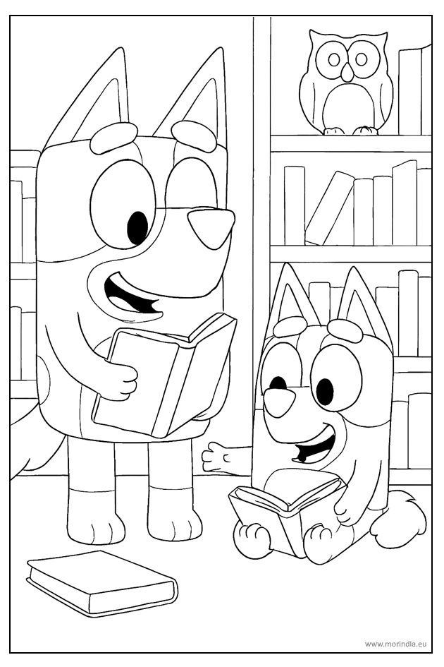 Kolorowanka Bluey – czytanie książek w bibliotece – obrazek do druku dla dzieci