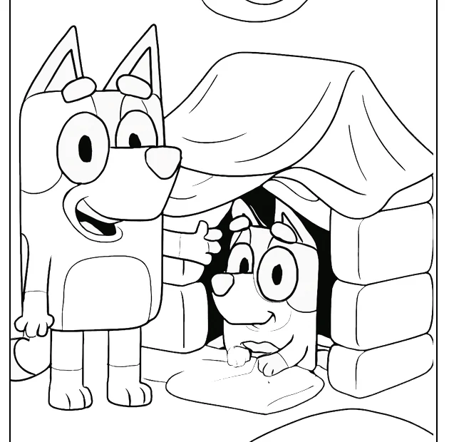 Kolorowanka Bluey – budowanie fortu z poduszek – obrazek do druku dla dzieci