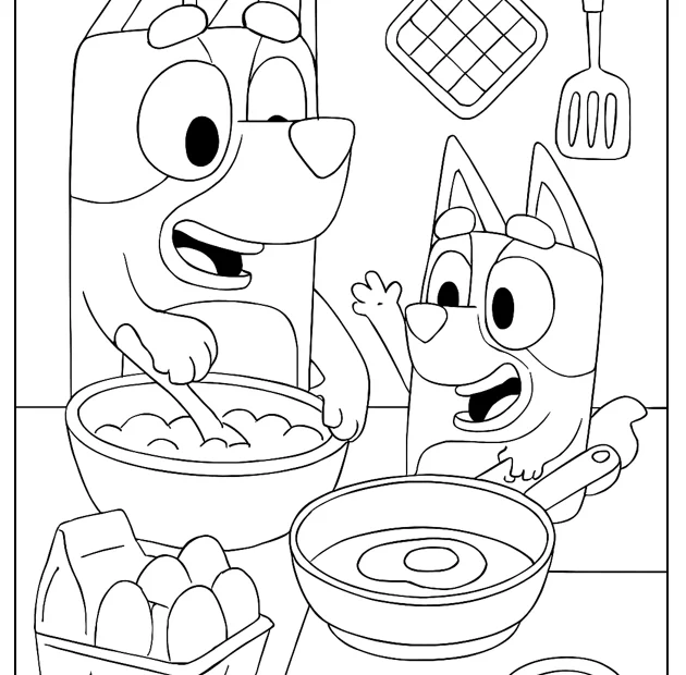Kolorowanka Bluey – gotowanie z Bingo – obrazek do druku dla dzieci