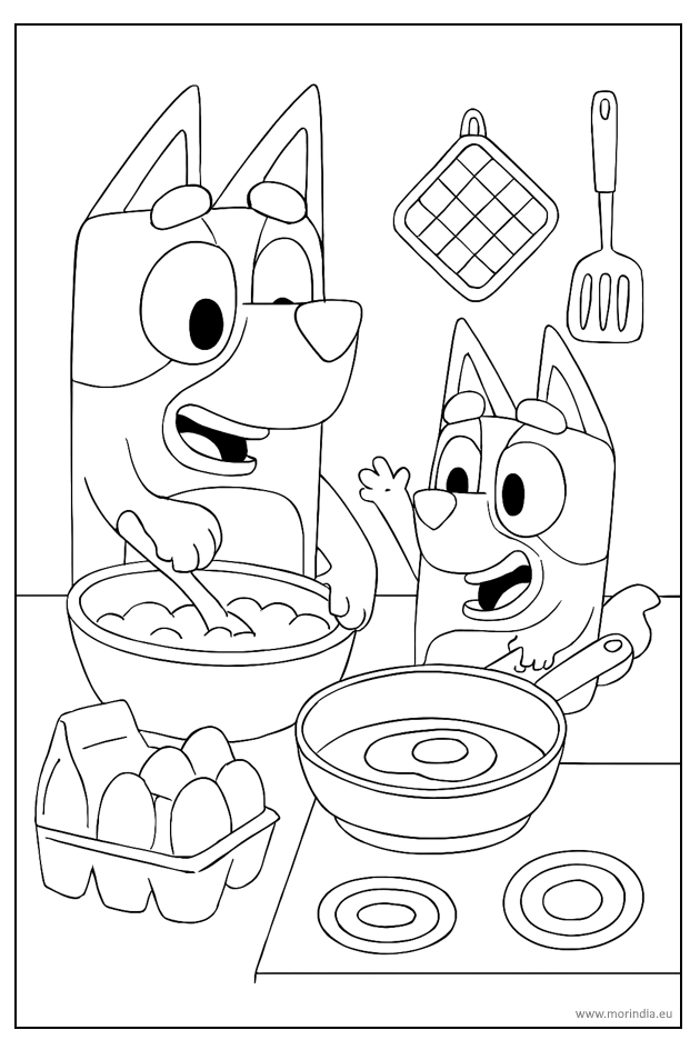 Kolorowanka Bluey – gotowanie z Bingo – obrazek do druku dla dzieci