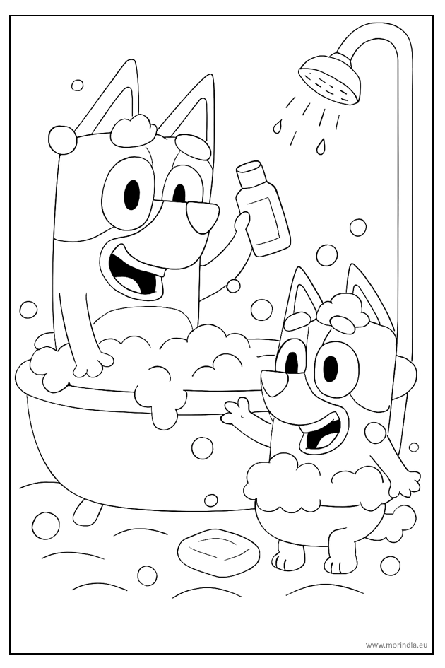 Kolorowanka Bluey – kąpiel z Bingo – obrazek do druku dla dzieci